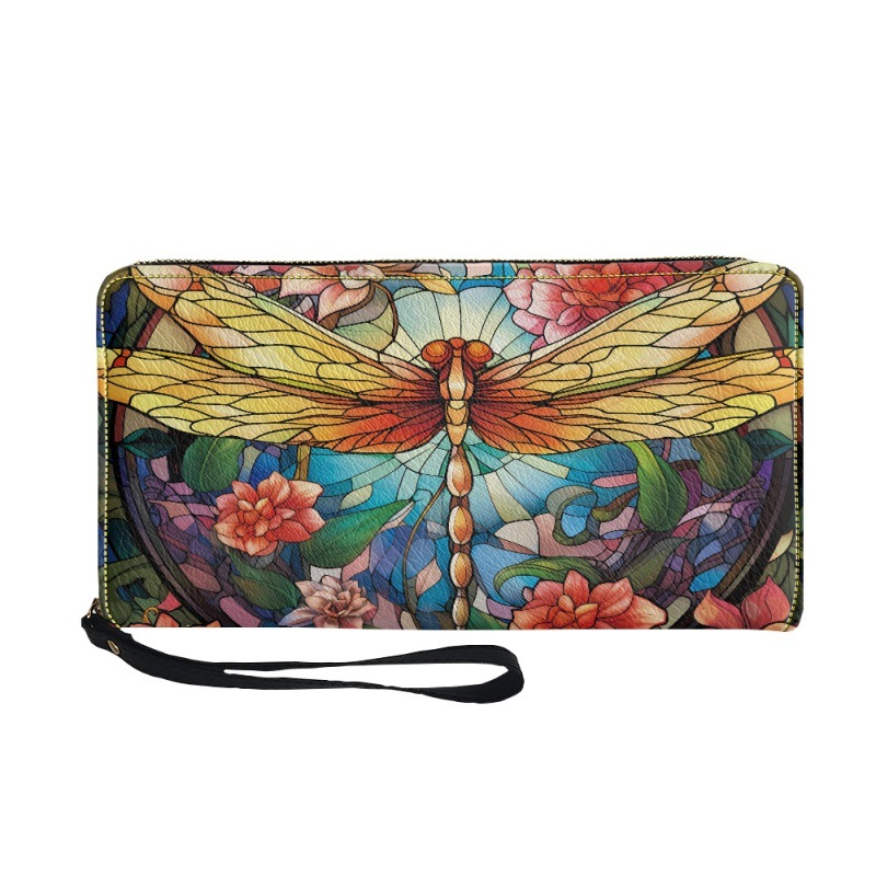 Women's Zippered Clutch Long Multifunctional Storage Wallet Handbag Dragonfly Print Card Holder