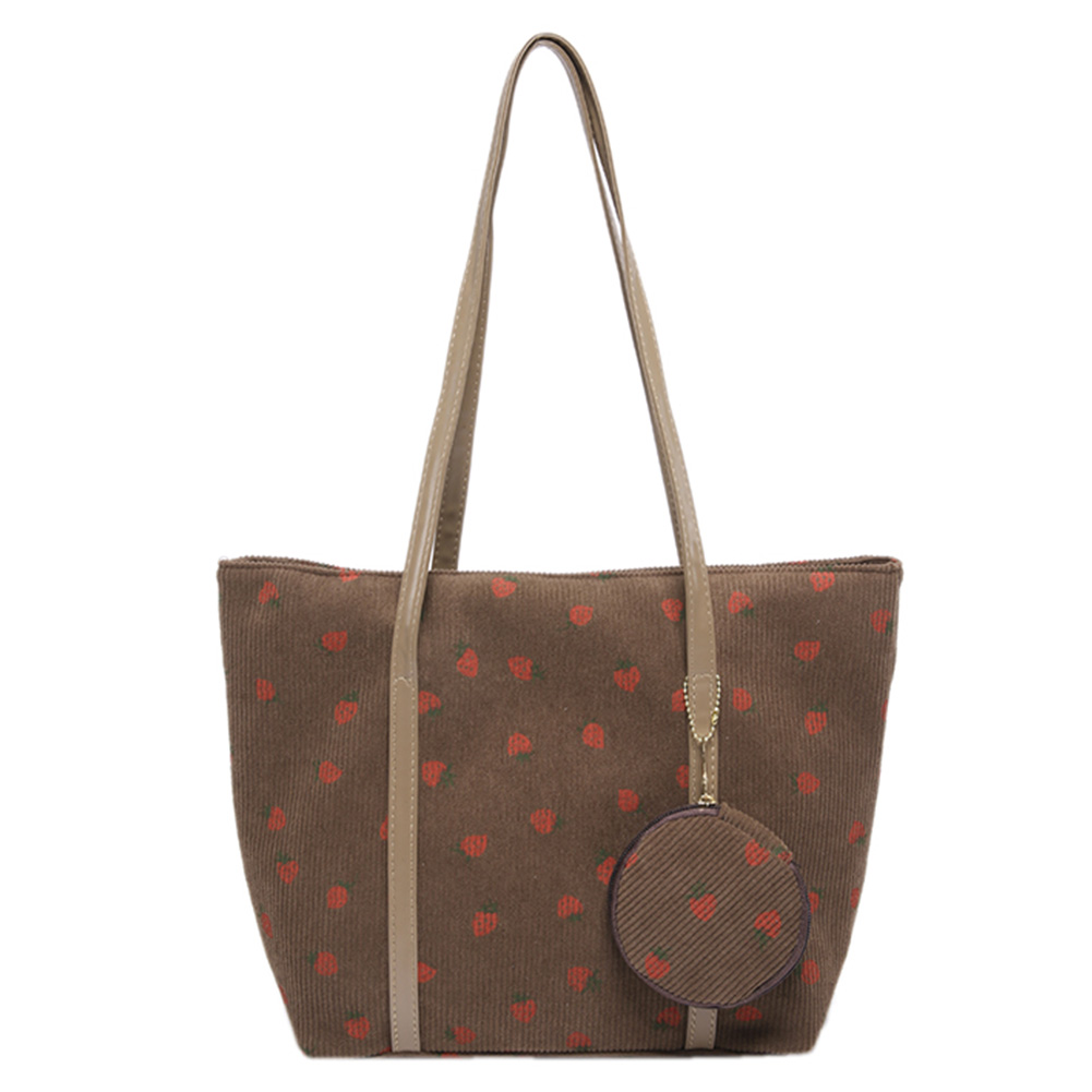 Women Corduroy Shoulder Bag Strawberry Pattern Tote Bag with Round Pouch Chic Hobo Bag Casual Tote Purse Fashion Shopper Bag