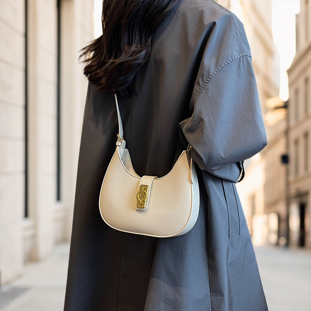 Crescent Shoulder Bag PU Leather Adjustable Strap Solid Handbag for Women with Zipper Closure Crossbody Bag Travel Commuter Bag