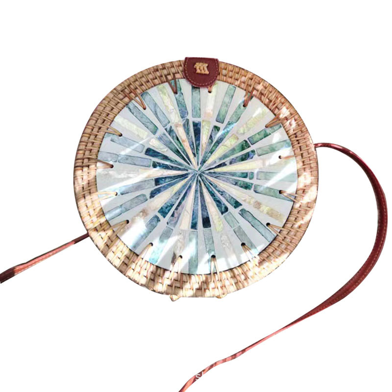 Woven Bag Women's Summer Rattan Messenger Bag Round Color Shell Retro Hand-woven Shoulder Bag Beach Bag Handmade Handwoven