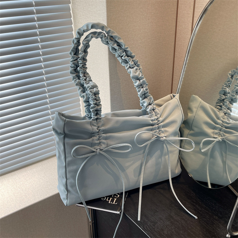 Niche Design Pleated Bow Shoulder Bag Women 2024 New Trendy Versatile Solid Tote Bags Girl Large Capacity Canvas Handbag