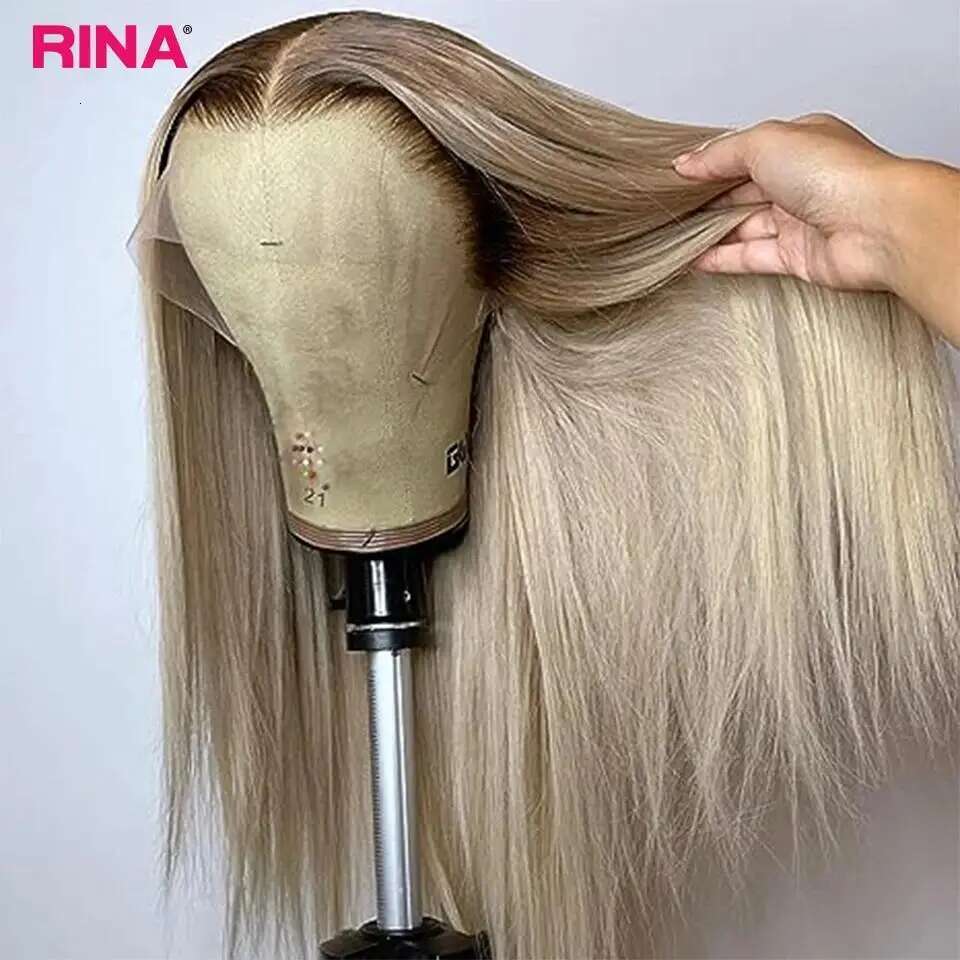 Brown Root Ash Straight 13X4 13X6 Frontal Human Hair Wigs Transparent 180 Density Ombre Blonde 5X5 Lace Closure