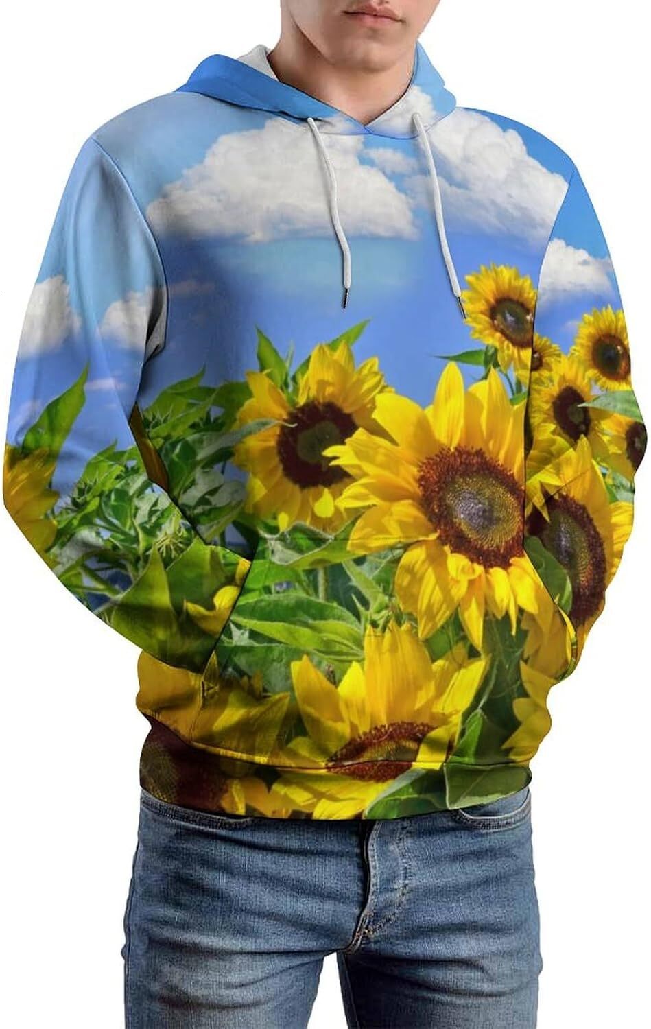 Hoodie for Mens Womens Beautiful Sunflowers Hoodies for Men 3D Print Pullover Hooded Drawstring Loose Sweatshirt with Big Pockets Graphic Trendy Sunfl