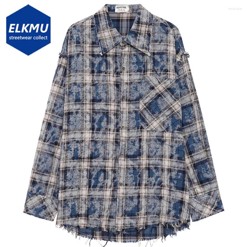 Men's Casual Shirts Hip Hop Streetwear Men Harajuku Oversized Long Sleeve Plaid Distressed Tassed Loose Button Up Blouse