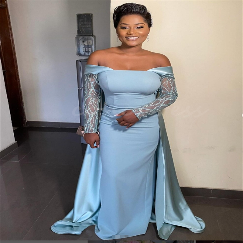 Beautiful Blue Mermaid Prom Dresses With Overskirt Train Elegant Mermaid Long Sleeve Evening Dress Black Women Arabic Dubai Party Gowns Vestio De Fies