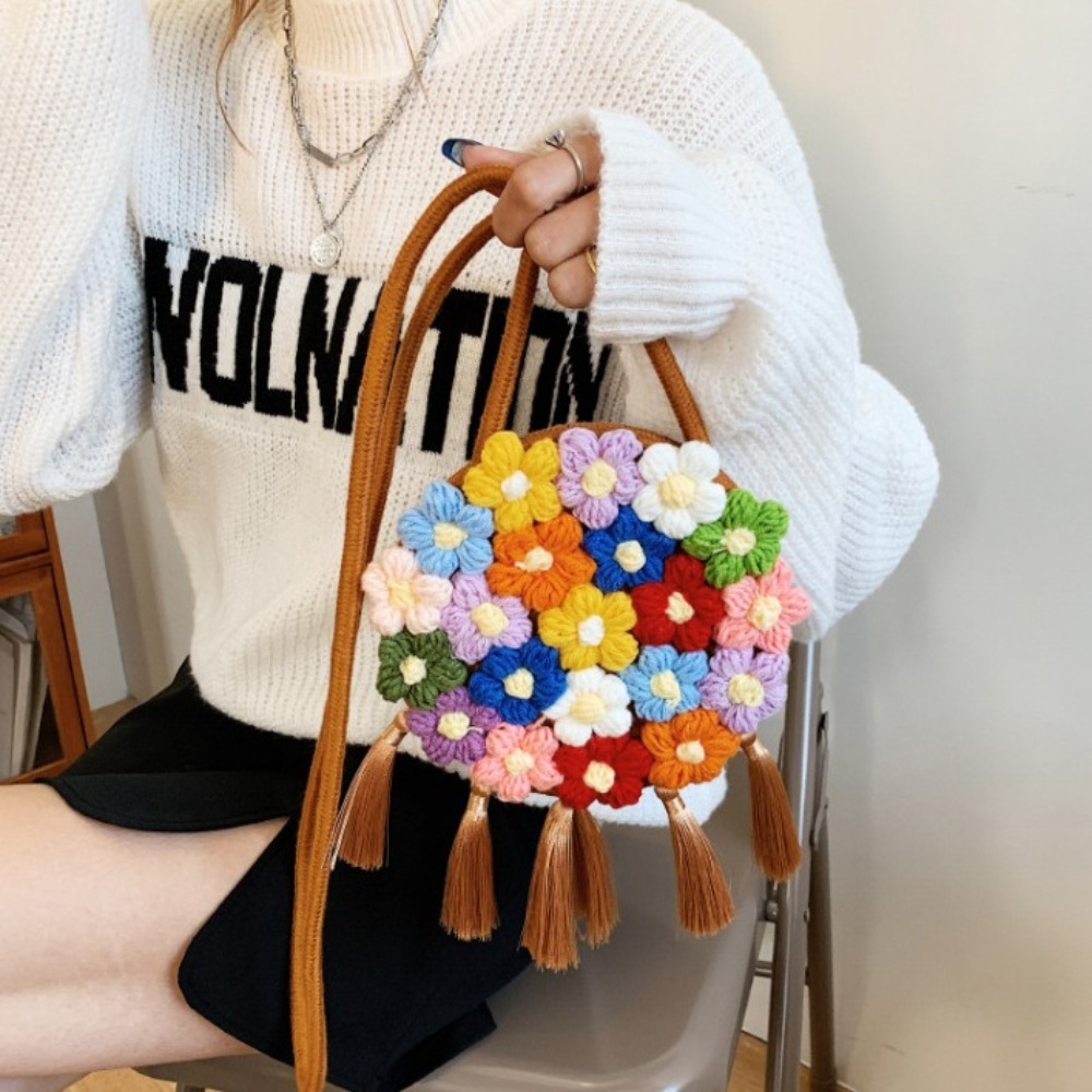Floral Crochet Shoulder Bag Rural Style with Tassel Bohemian Rattan Beach Bag Cotton and Linen Knitted