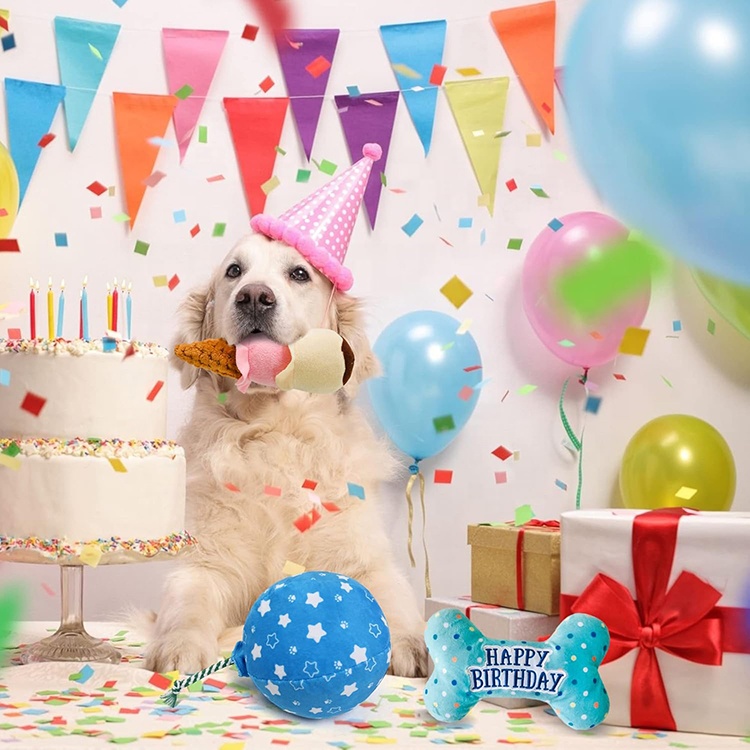 Dog Birthday Toys Plush Dog Crinkle Squeaky Toys Puppy Birthday Party Supplies Dog Chew Toys For Gift