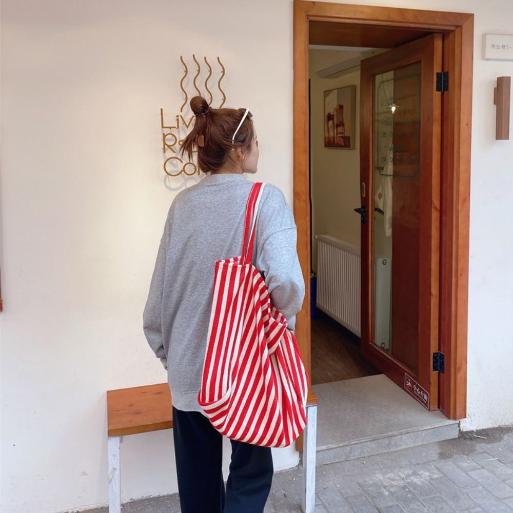 Simple Retro Large Capacity Stripe Bag Tote Commute Canvas Shoulder Bag Daily Handbag Shopping Bag Girls