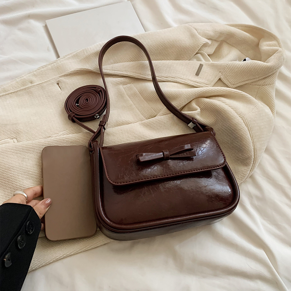 Women Retro Shoulder Bag PU Leather Bow Vintage Crossbody Bag Solid Color Simple Armpit Bag Girls Dating Bag