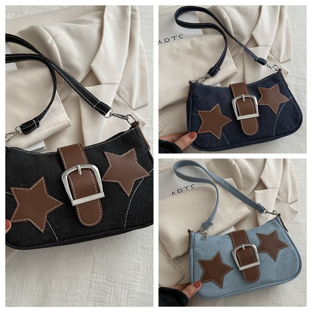 Minimalist Hasp Star Shoulder Bag PU Harajuku Y2k Underarm Bag Zipper Korean Style Denim Handbag Girls