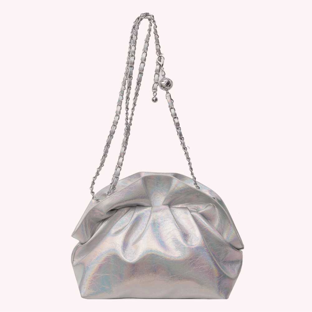 Women PU Leather Evening Bag Ruched Formal Handbag with Detachable Chain Crossbody Bag Dressy Wedding Prom Party Purse