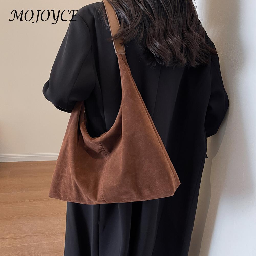 Women Suede Shoulder Bag with Zipper Hobo Bag Large Capacity Handbag Solid Slouchy Bag Commuter Travel Bag