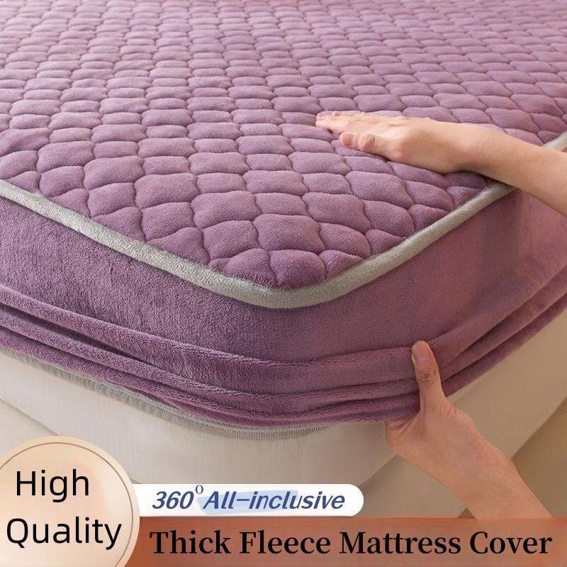 Thick Fleece Mattress Cover Solid Color Quilted Fluffy Bed Queen/King Size Fitted Sheet For Winter (Pillowcase Need Order)