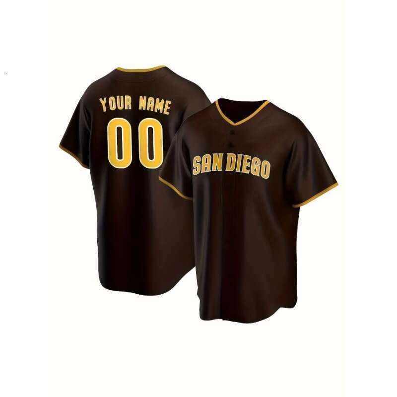 2025 Customized Name And Number Men's Embroidery Baseball Jersey San Diego Brown V-Neck Personalized Short Sleeve Button Down Shirts