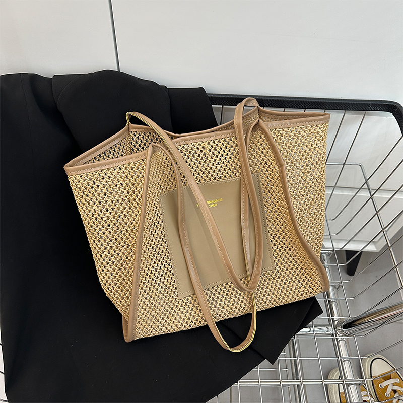 Women Straw Woven Tote Bag Simple Shoulder Purse Large Capacity Mesh Weaving Handbag Hollow Out Handbags Outdoor Travel Bag