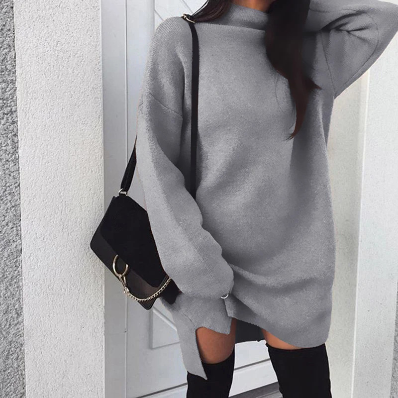 Fleece High Neck Side Slit Casual Long Sleeve Short Dress Women Dress Autumn Winter All-match Simple Basic Sportwear Sweatshirt 241108