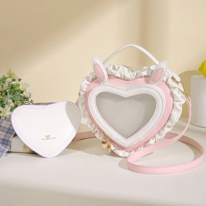 Lolita Ita Bolsos Mujer Sweet Cute Lace Hand Bag Rabbit Ear Peach Heart Pain Shoulder Bags Transparent Sac Femme New Bolso
