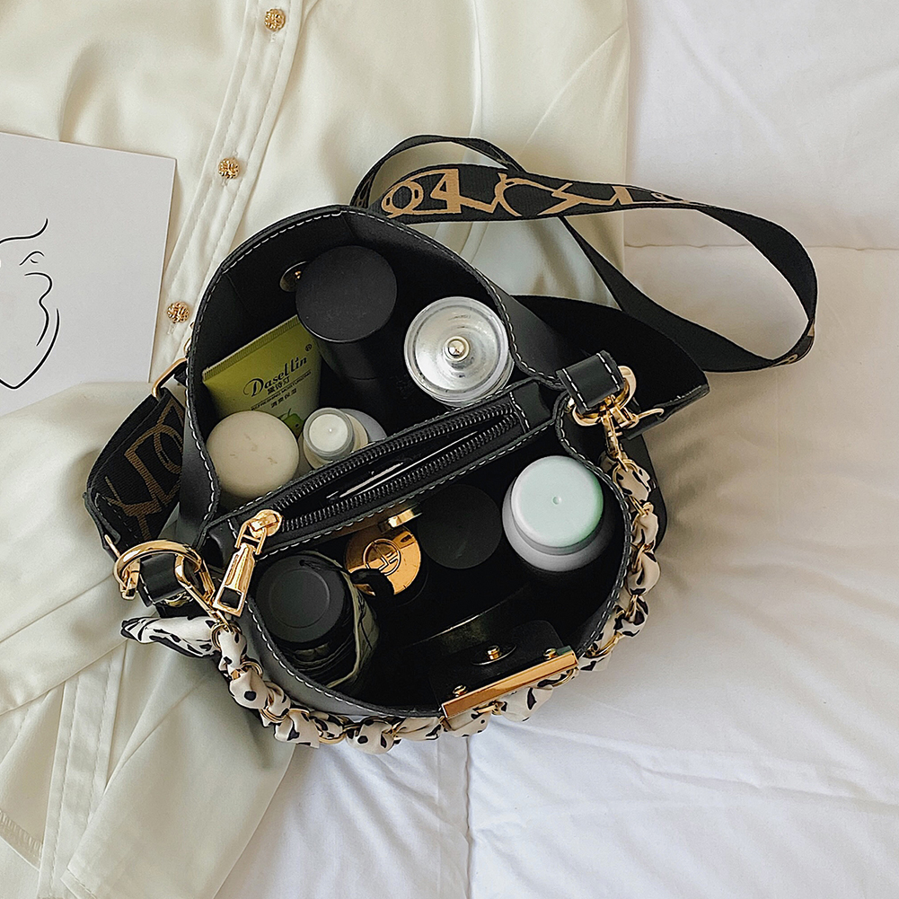 Luxury Chain Bucket Bag PU Leather Fashion Handbag Large Capacity Top Handle Bag with Wide Strap for Women