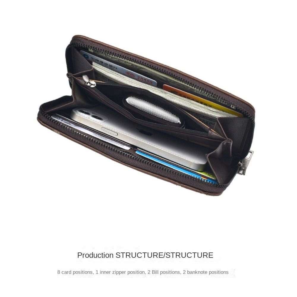 Portable Waterproof Men's Long Wallet with Zipper Oil Wax Leather 2 Fold Wallet Leisure Durable Card Wallet Outdoor