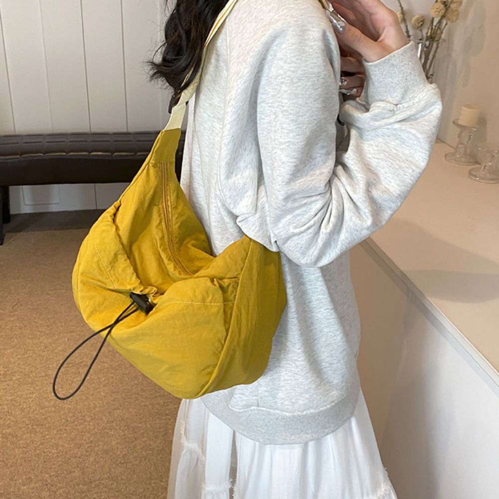 Solid Color Nylon Shoulder Bag Adjustable Shoulder Straps Nylon Drawstring Bucket Bag Tote Bag Korean Style Canvas Crossbody Bag