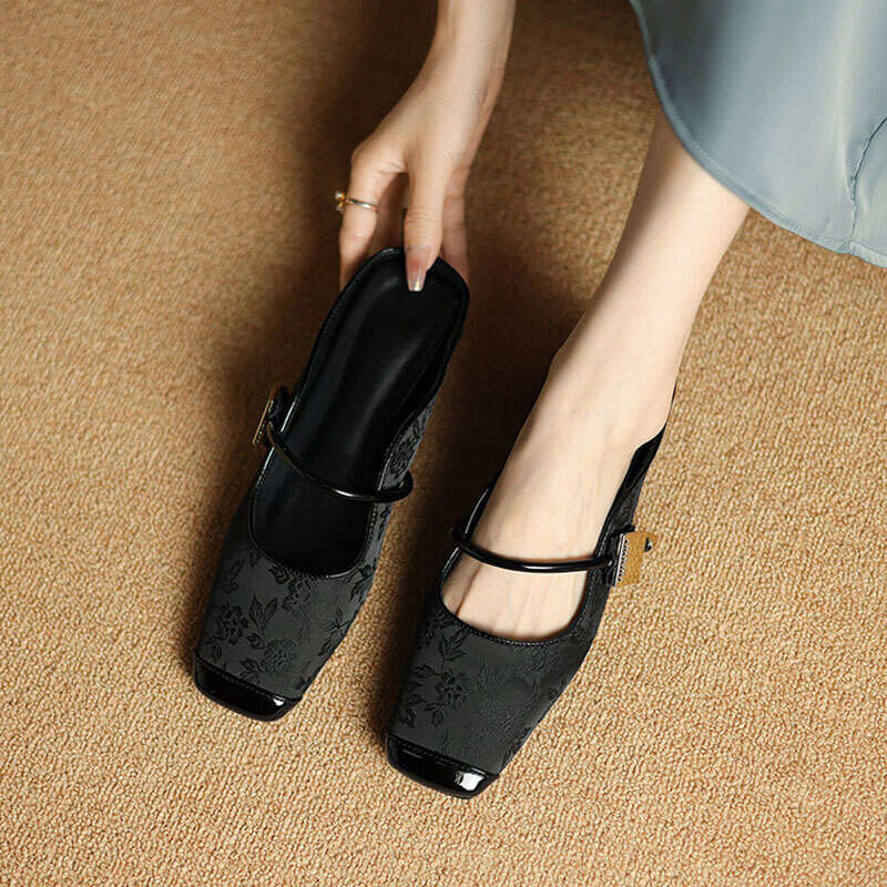 Phoentin Flower print mules shoes woman 2025 retro slippers for ladies cross strap low heels square toe plus size