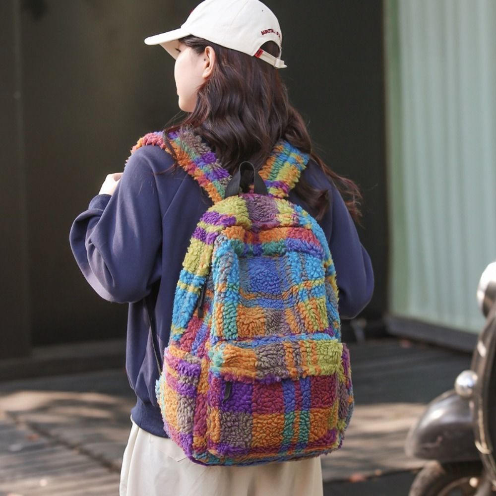 Korean Style Colorful Plaid Backpack Strip Large Capacity Lamb Fleece Backpack Geometric Preppy Trendy Shoulder Bag Outdoor
