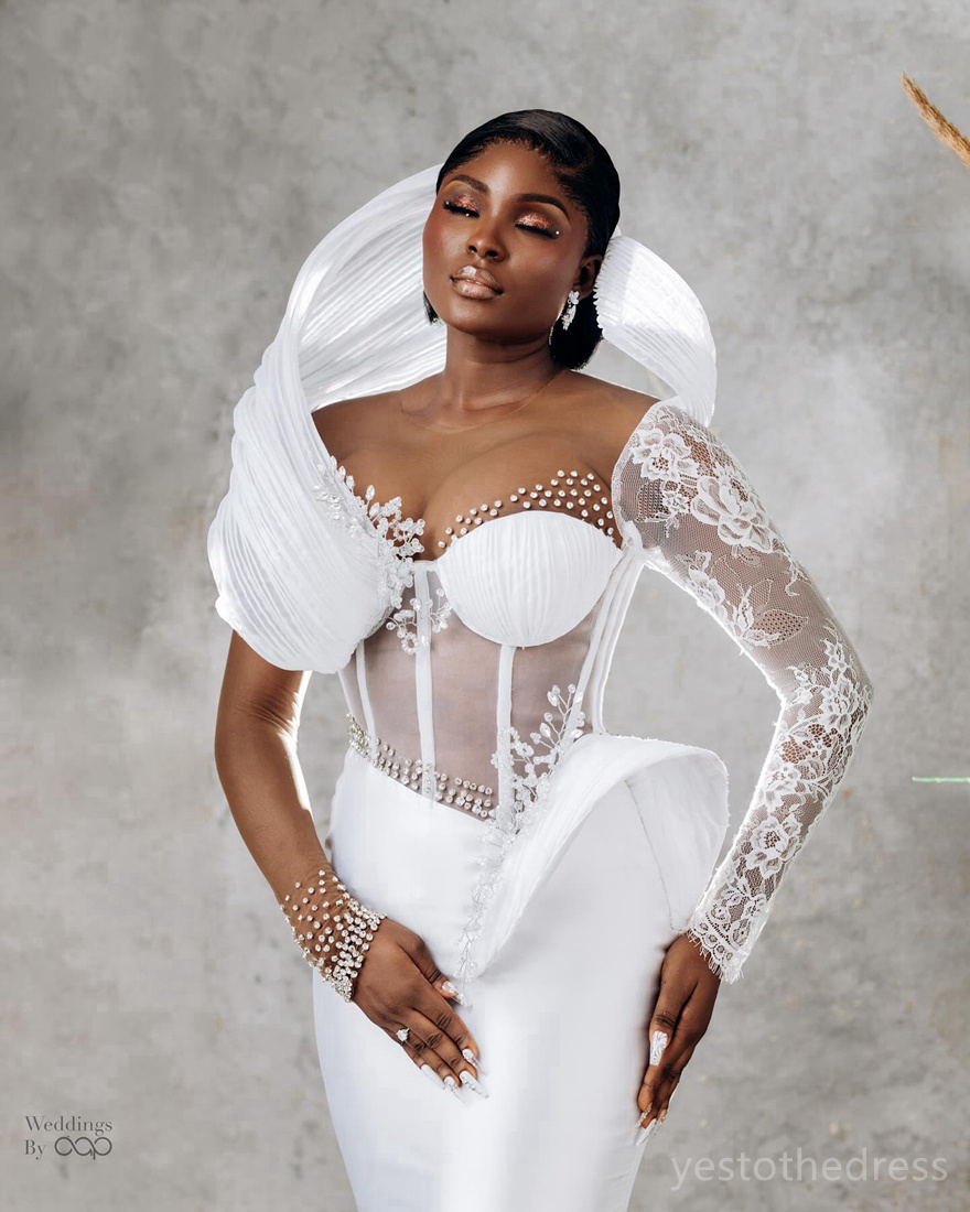 Aso Ebi Mermaid Dress Bride Short Illusion Bridal Beaded Lace Long Sleeves Wedding Gowns For African Nigeria Black Women Girls D190 407