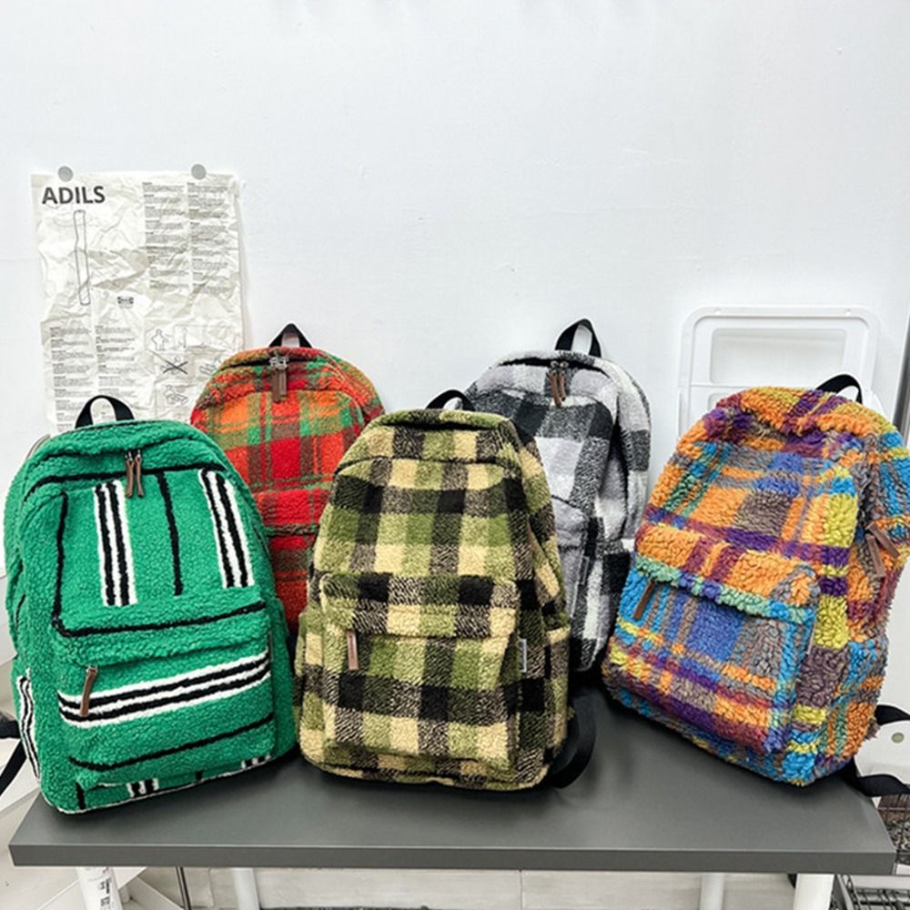 Korean Style Colorful Plaid Backpack Strip Large Capacity Lamb Fleece Backpack Geometric Preppy Trendy Shoulder Bag Outdoor