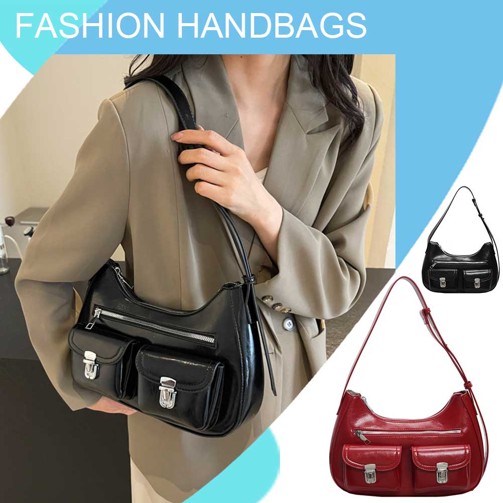 Women Fashion Shoulder Bag Large Capacity PU Underarm Bag Casual Satchel Bag Multi-pockets Simple Armpit Bag Outdoor Travel Bag