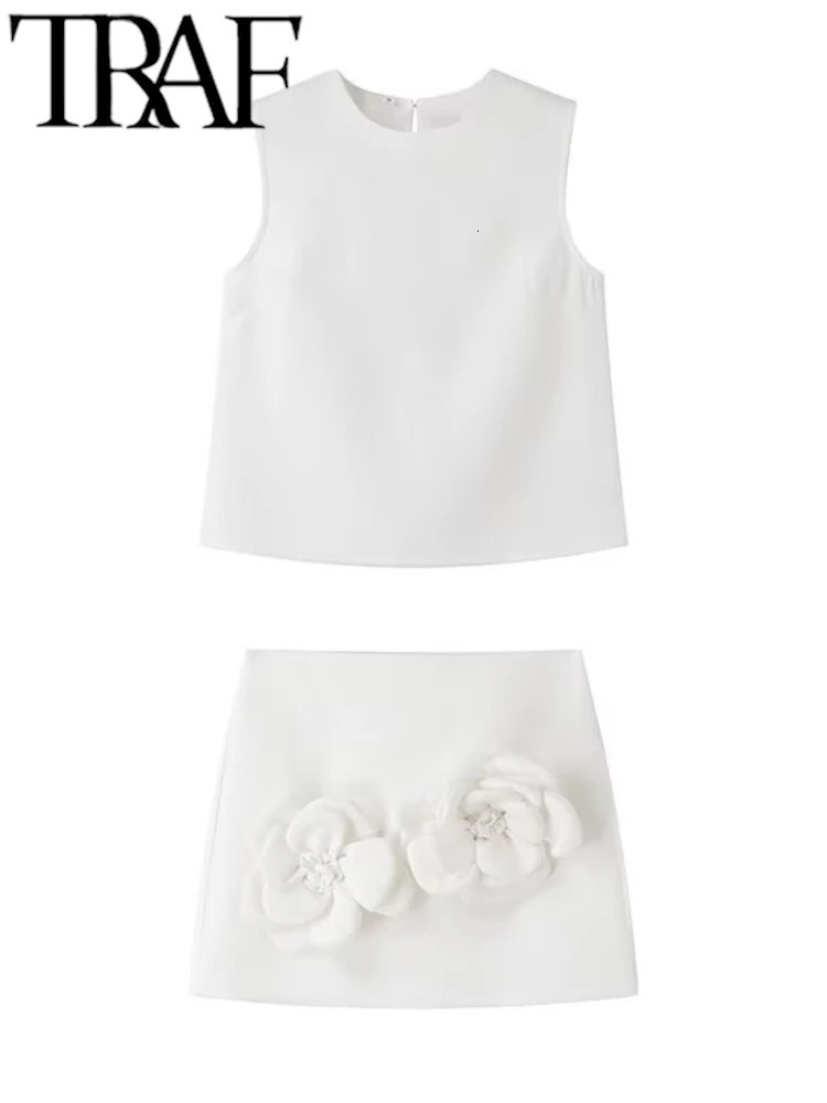 TRAF Y2K Extreme Short Women Mini Skirt Suits 2024 Summer Flower Appliques Sleeveless Tanks Female Crop Top Sets White 240401