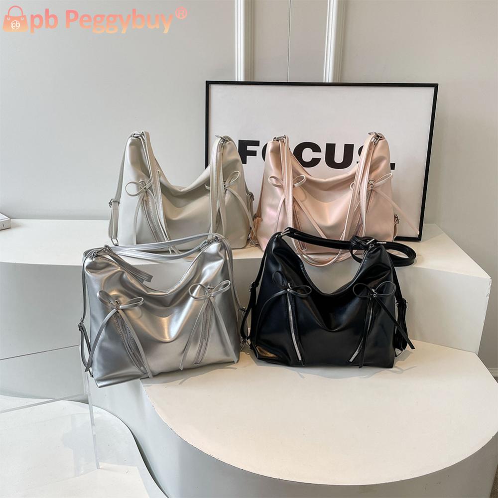 Cute Bow Shoulder Bag PU Leather Trendy Crossbody Bag Solid Color Backpack with Zipper Satchel Purse for Women