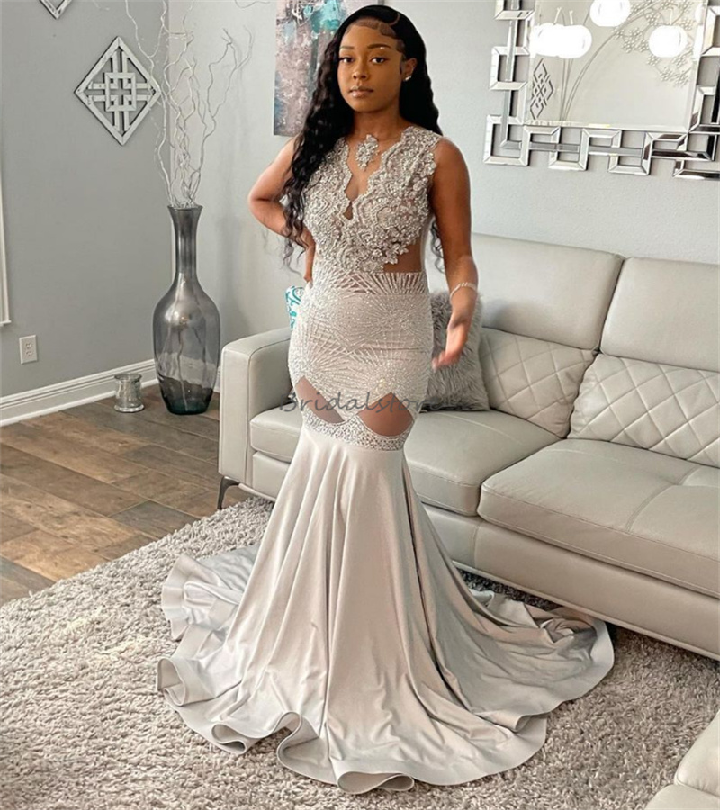 Sparkly Silver Sequin Prom Dress For Black Girls Sexy V Neck Mermaid Evening Dresses Plus Size Satin Applique Lace Formal Party Dress 2024 vestido de 