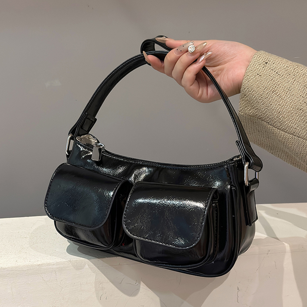Women Handbag Double Pockets PU Leather Shoulder Bag Solid Color Underarm Bag Casual Clutch Purse Shopping Bag