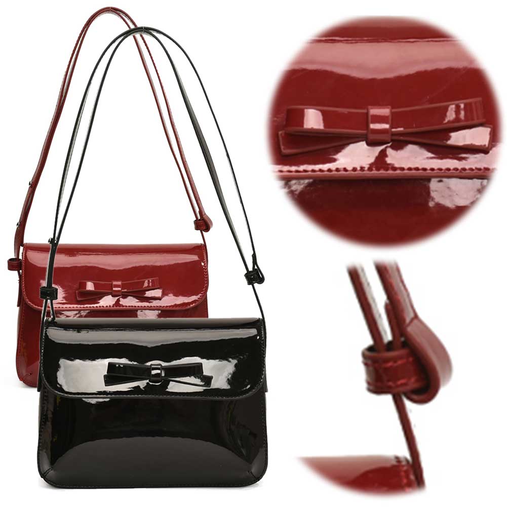 Patent Leather Women Handbag Bowknot Satchel Purse Adjustable Strap Square Flap Bag Retro Underarm Bag Travel Bag