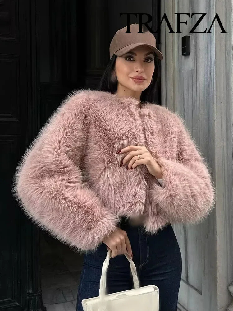 TRAFZA Winter Elegant Woman Artificial Fur Effect Short Jacket Coats Female ONeck Vintage Long Sleeve Loose Streetwear Top 241029