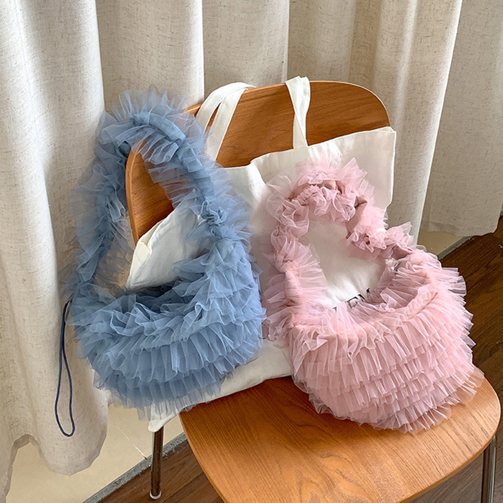 Women Sweet Y2k Lace Pleated Handbag Solid Color Chic Yarn Shoulder Bag Large Capacity Fashion Underarm Bag for Party Wedding