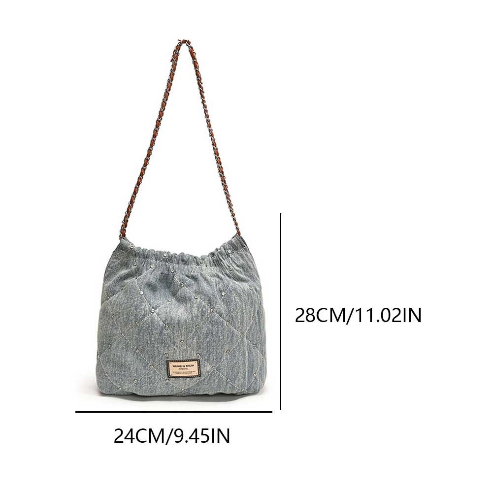 Women Rivet Shoulder Bag Large Capacity Denim Bucket Crossbody Bag Luxury Tote Bag Ladies Outdoor Bag