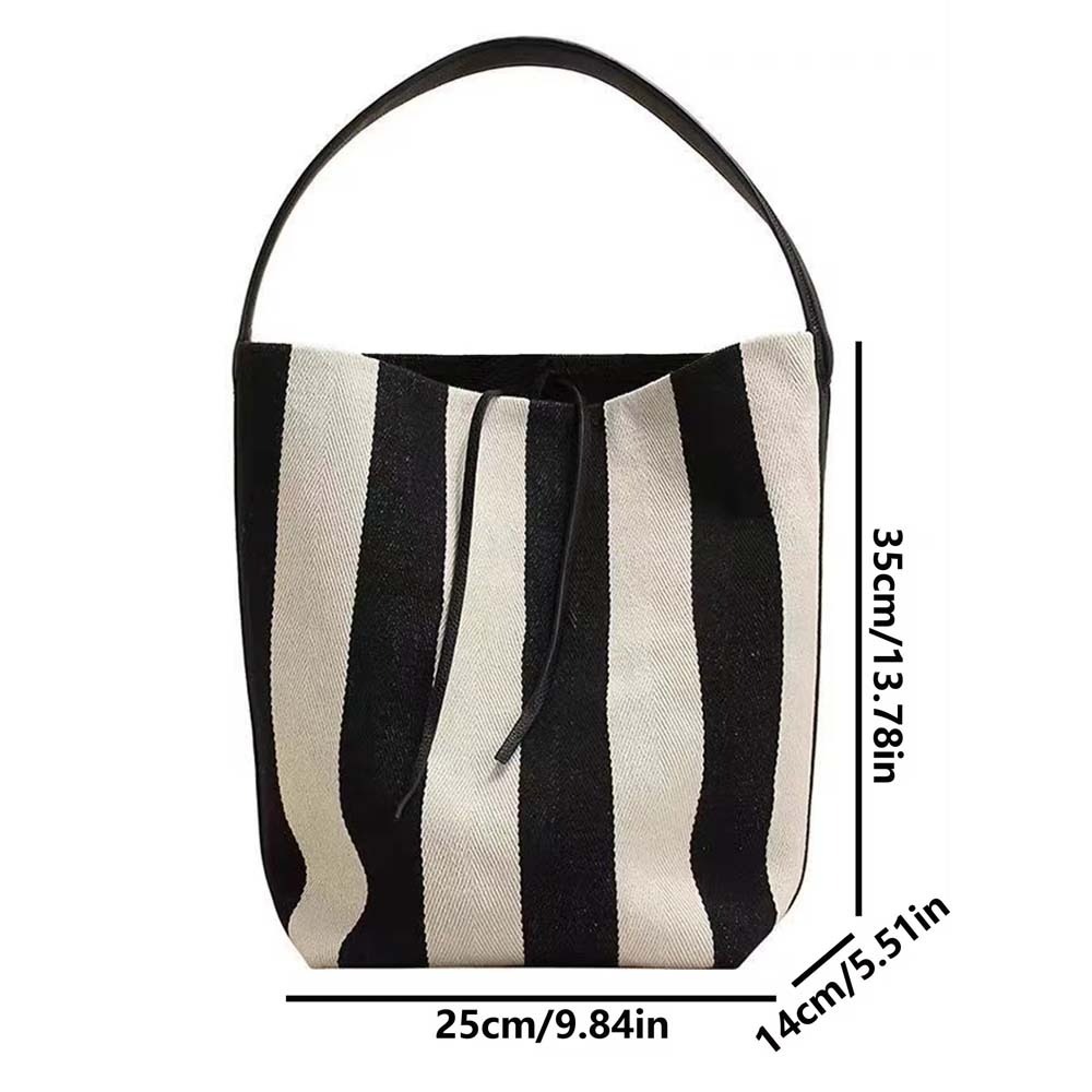 Large Capacity Black White Stripe Bag Drawstring Pattern Stripe Canvas Handbag Soft PU Leather Wide Straps Bucket Bag Winter