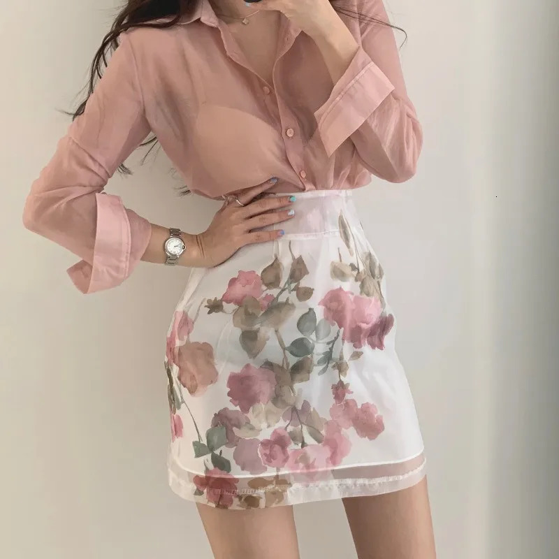 Korea Chic Elegant Women 2 Piece Sets Sexy Seethrough Longsleeved ShirtHigh Waist Aline Floral Print Skirt 2pc OL Suits 240403