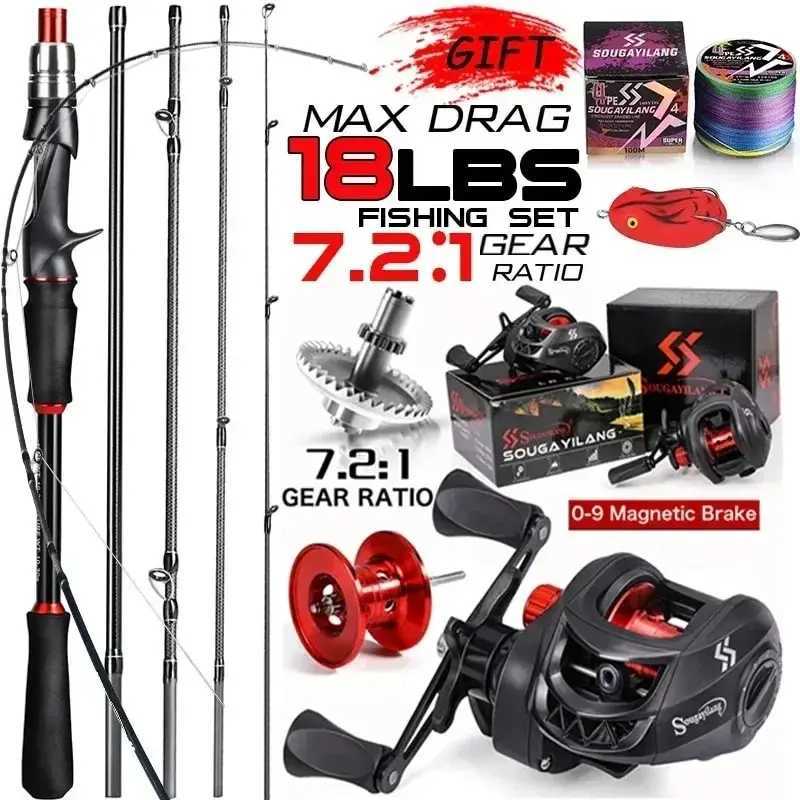 Sougayilang casting fishing rod reel set 1.8/2.1m Caen fiber casting fishing rod and reel with a maximum drag of 8kg equipped with low-frequency Parke