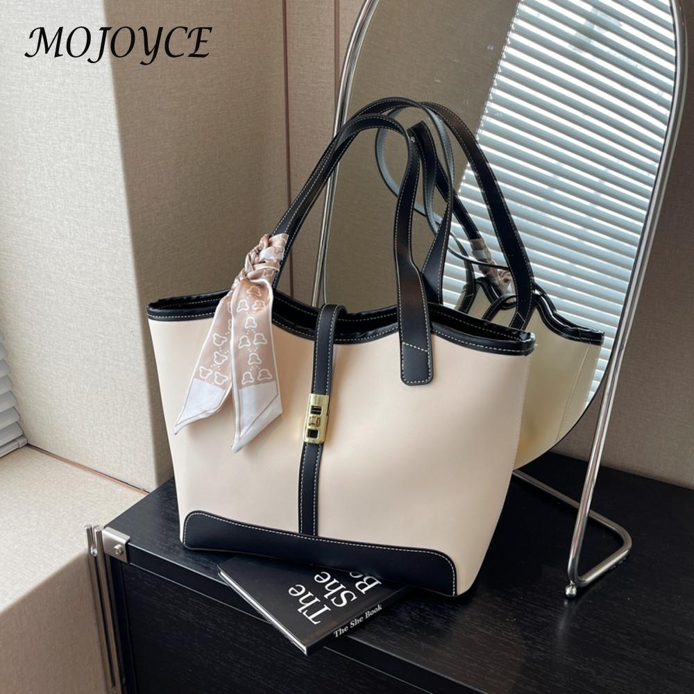 Women PU Fashion Shoulder Large Capacity Contrast Color with Ribbon Patchwork Tote Outdoor Travel Bag