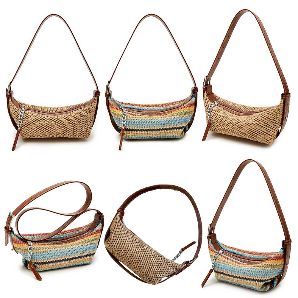 Women Straw Dumpling Bag Adjustable Strap Vintage Shoulder Bag Contrast Color Retro Straw Sling Bag Ladies Summer Daily Bag