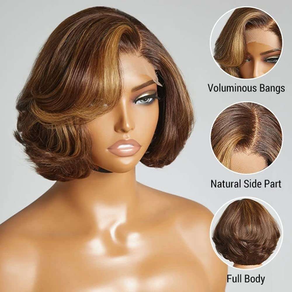 4/27 Highlight 4X4 Body Glueless Closure 100%Human Hair Frontal Wigs Ombre Brown Mix Blonde Water Wave C Part Short Bob Wig