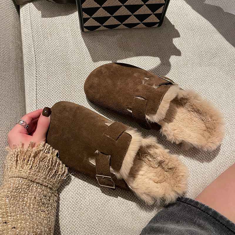 Winter Warm Women Suede Clogs Genuine Leather Mules Cork Footbed Slippers Potato Shoes with Arch Support with Thick Plush