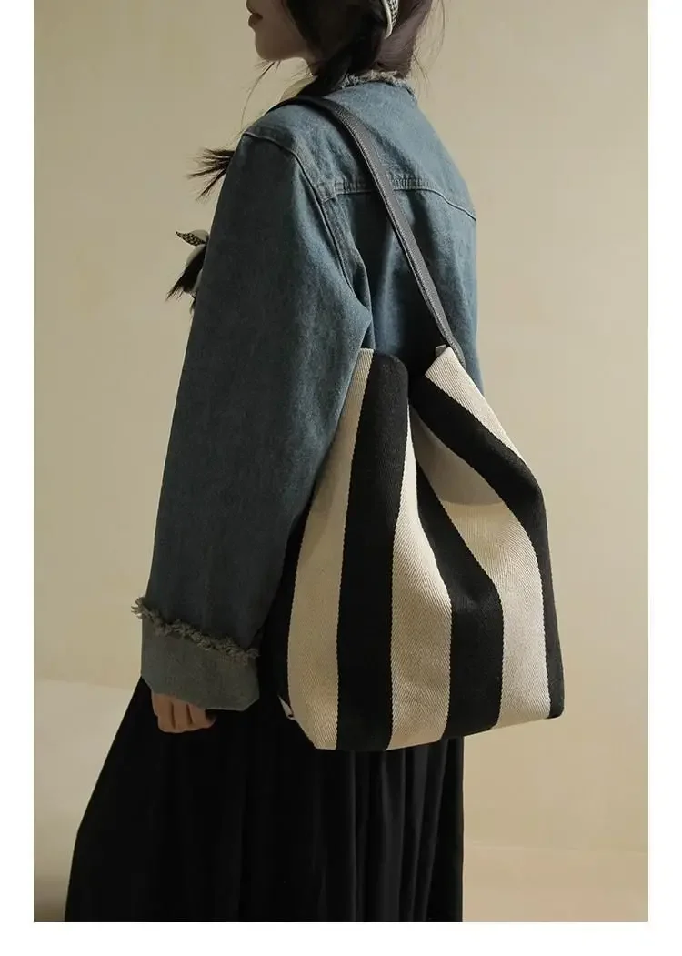 Women Tote Bag Striped Canvas Casual Fashion Simple SOFT Shoulder Bag Purses and Handbags High-Capacity