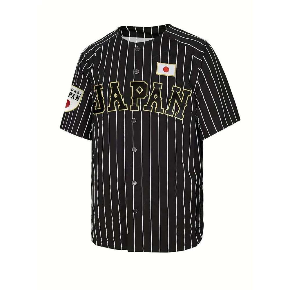 2025 New Men's Stripe Print # JAPAN 16 Embroidered Retro Casual Breathable Loose Short Sleeve Button Baseball Jersey Training We