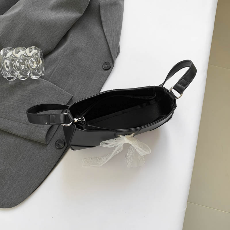 Women Simple Bow Shoulder Purse with Lace Band PU Underarm Bag Fashion Shoulder Bag Trendy Tote Handbag Outdoor Travel Bag