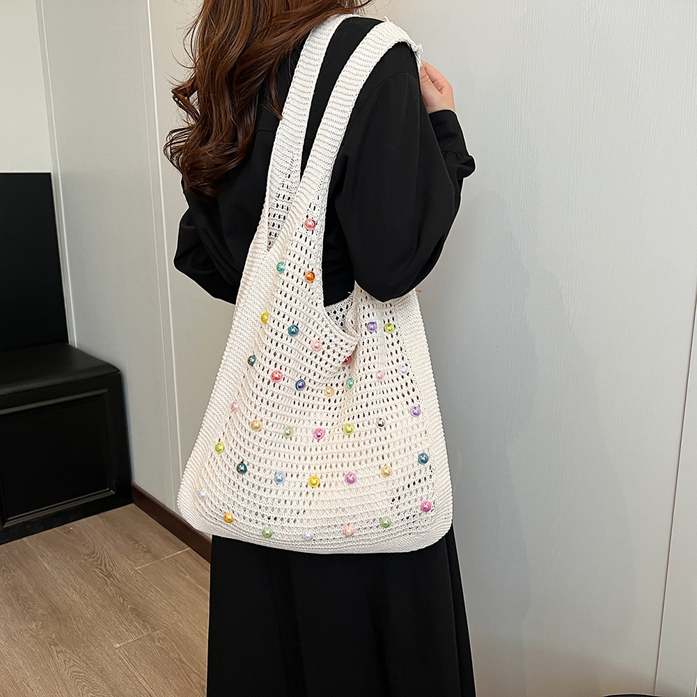 Women Crochet Shoulder Bag Simple Commuting Bag Large Capacity Fashion Tote Handbags with Colorful Pearls Outdoor Travel Bag
