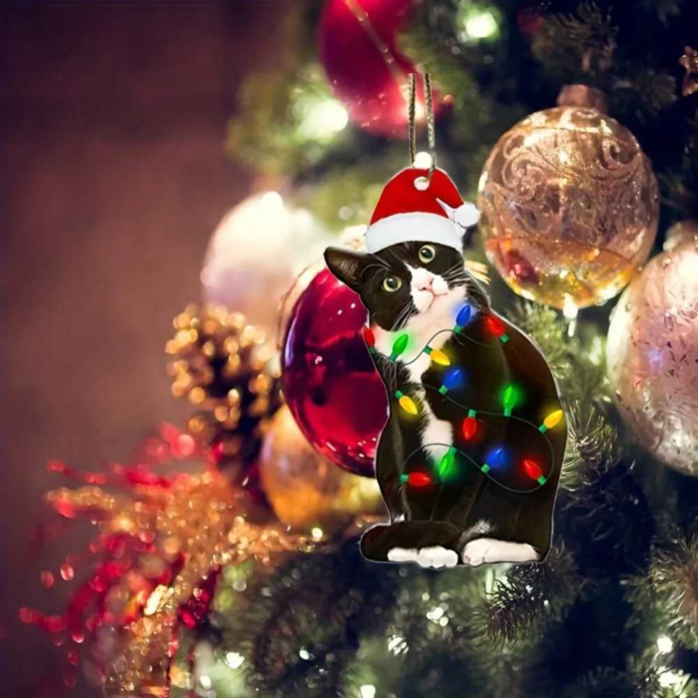 Charming Black Cat Christmas Ornament 2D Acrylic Hanging Decor for Tree Car Mirror Keychain Kid Xmas Gift Holiday Party SuppliesXJ241107