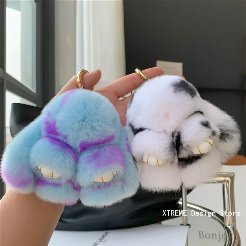 Plush Toy Bunny Real Natural Rabbit Fur Keychain Women Bag Charm Ornaments Schoolbag Pendant Car Keyring Trinkets Kids Gift